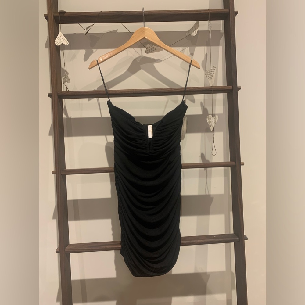 Black strapless, mini dress
